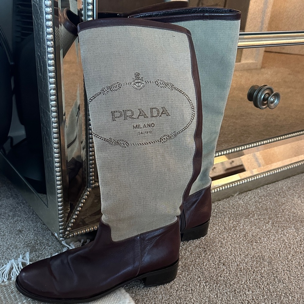 Prada Tan and Brown Leather Canvas Riding Boots